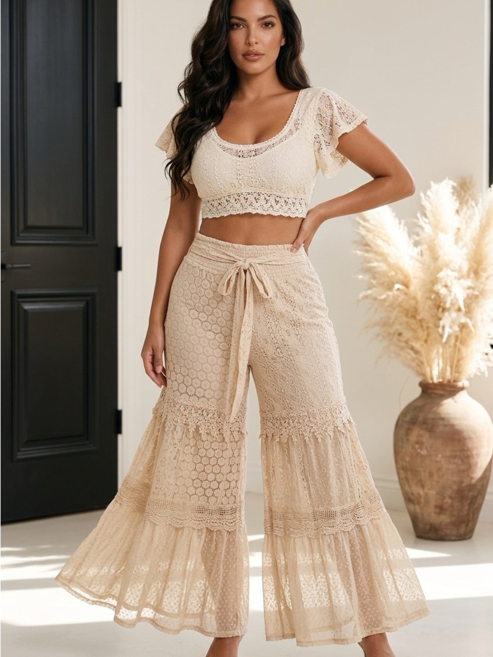 Boho Lace Wide-Leg Pants in Cream